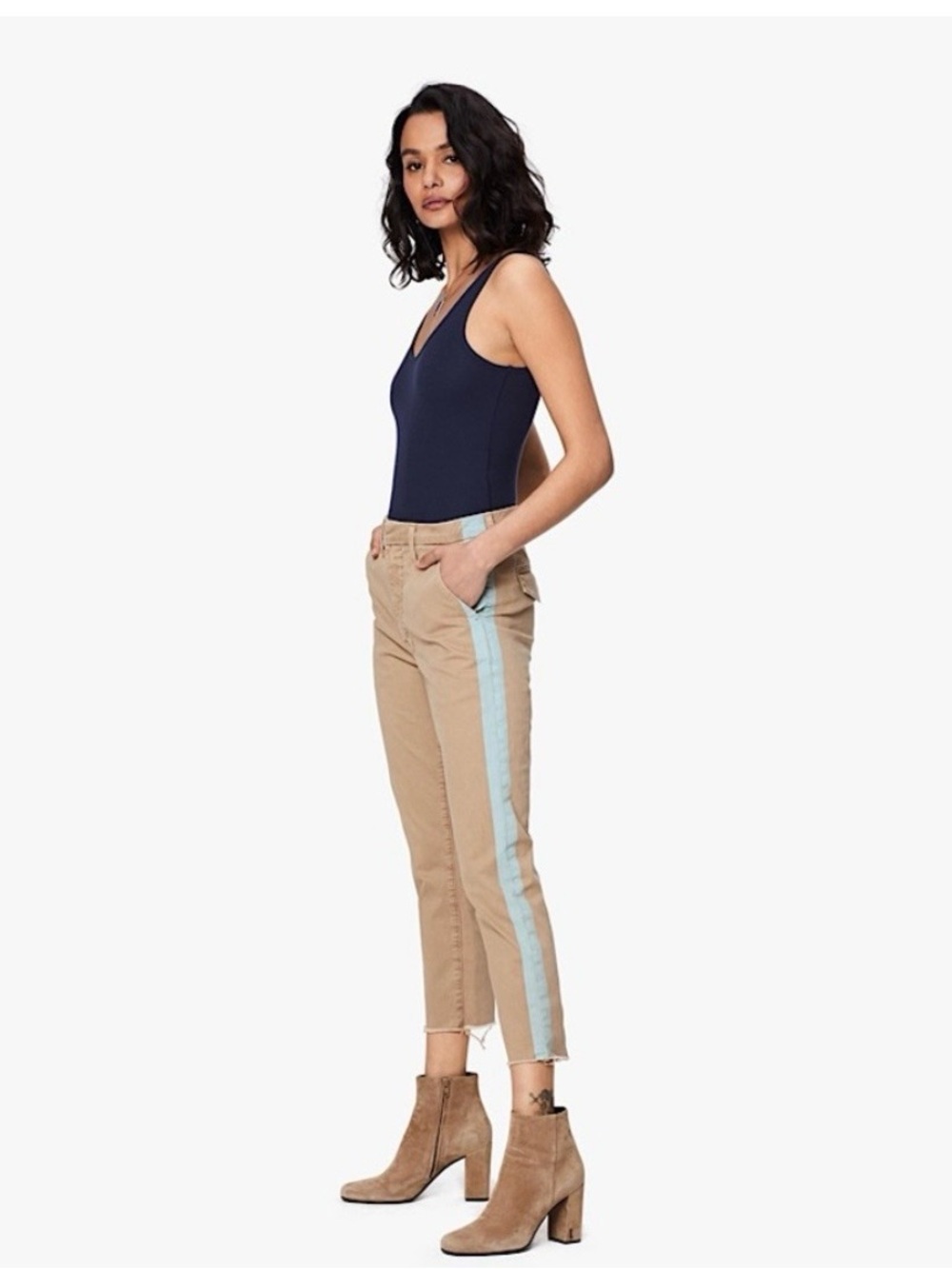 MOTHER | The Shaker Prep Fray Crops in Khaki Cerulean Stripe Size 28